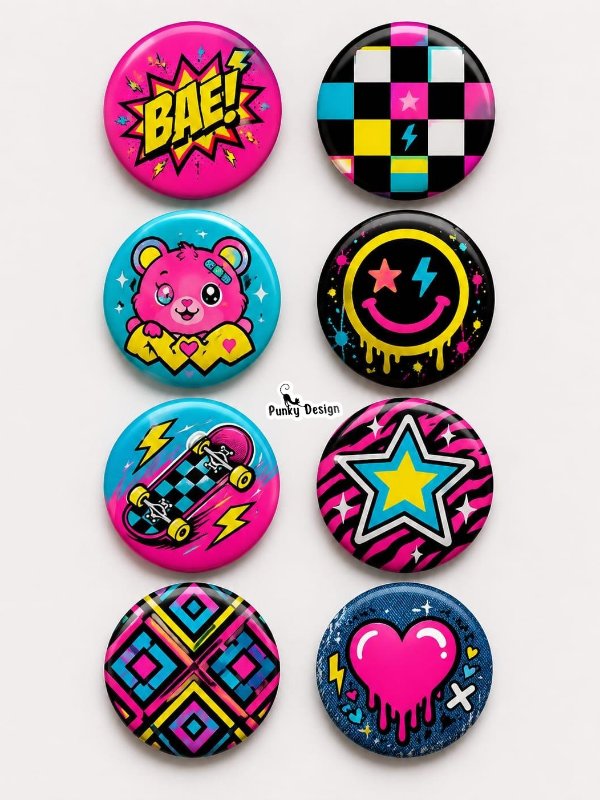 8 li Set-11 Neon Pop Art Rozet Seti Renkli Skate Kawaii Y2K Desenli Broş Pin