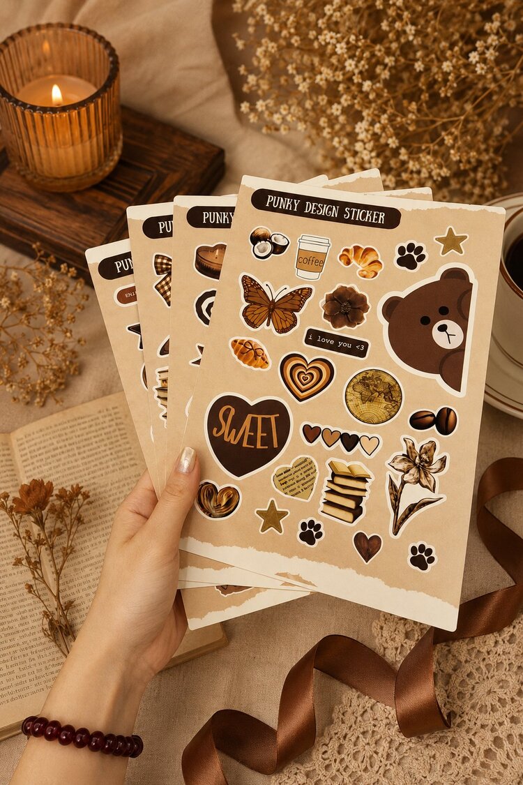 Kahverengi Sticker Seti Vintage Ayıcık Kitap Kahve Çiçek Estetik Etiket-4 sayfa-90 Adet-Kalın Kuşe K