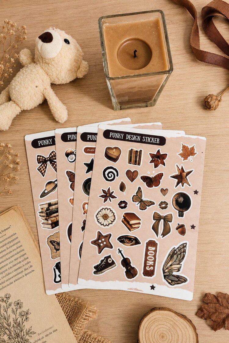 Kahverengi Sticker Seti Vintage Ayıcık Kitap Kahve Çiçek Estetik Etiket-4 sayfa-90 Adet-Kalın Kuşe K