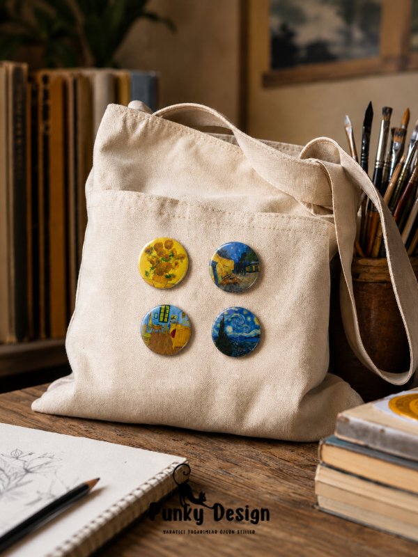 Van Gogh Temalı Rozet Seti Yıldızlı Gece Ayçiçekleri Sanat Tasarım Vintage Broş Pin