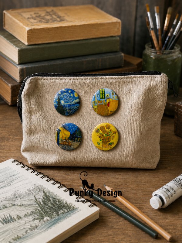 Van Gogh Temalı Rozet Seti Yıldızlı Gece Ayçiçekleri Sanat Tasarım Vintage Broş Pin