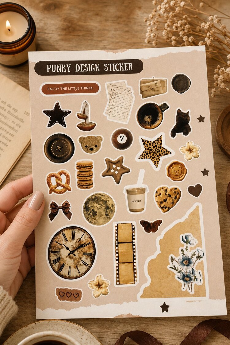 Kahverengi Sticker Seti Vintage Ayıcık Kitap Kahve Çiçek Estetik Etiket-4 sayfa-90 Adet-Kalın Kuşe K