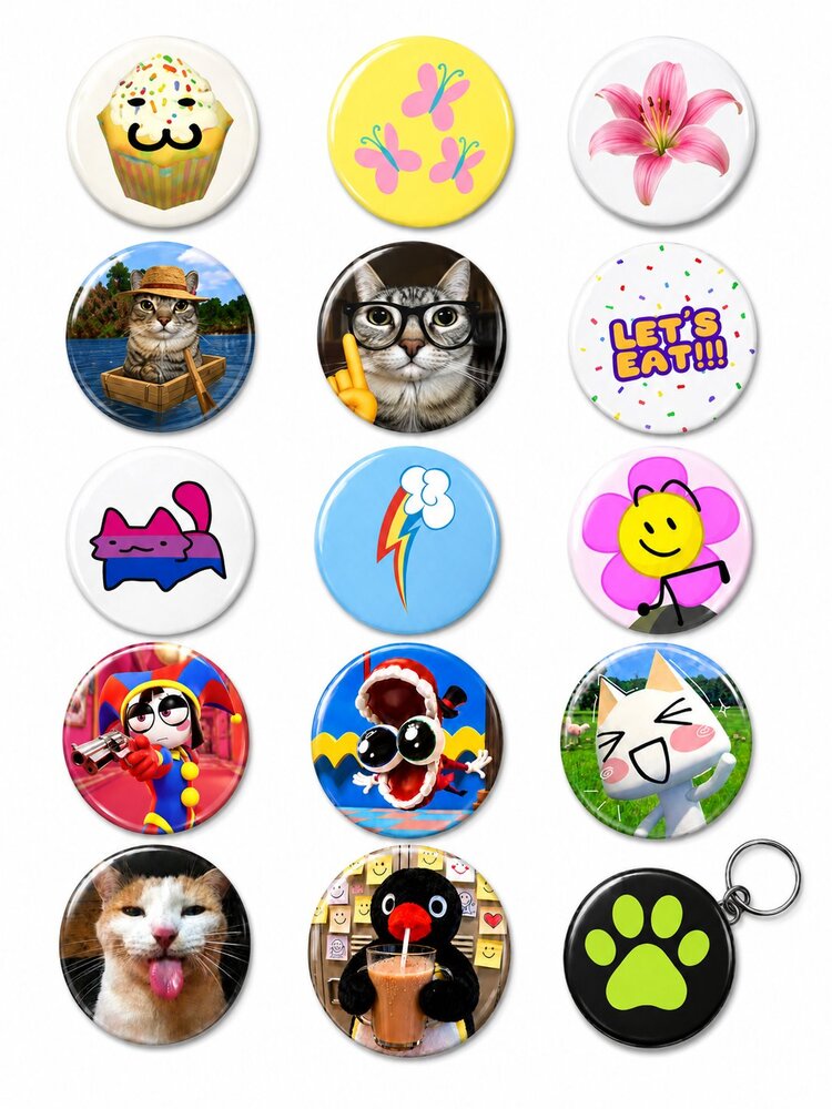 Trend-19 15'li Eğlenceli Rozet Seti 1 Adet Açacaklı Anahtarlık Kedi Kawaii Broş Pin