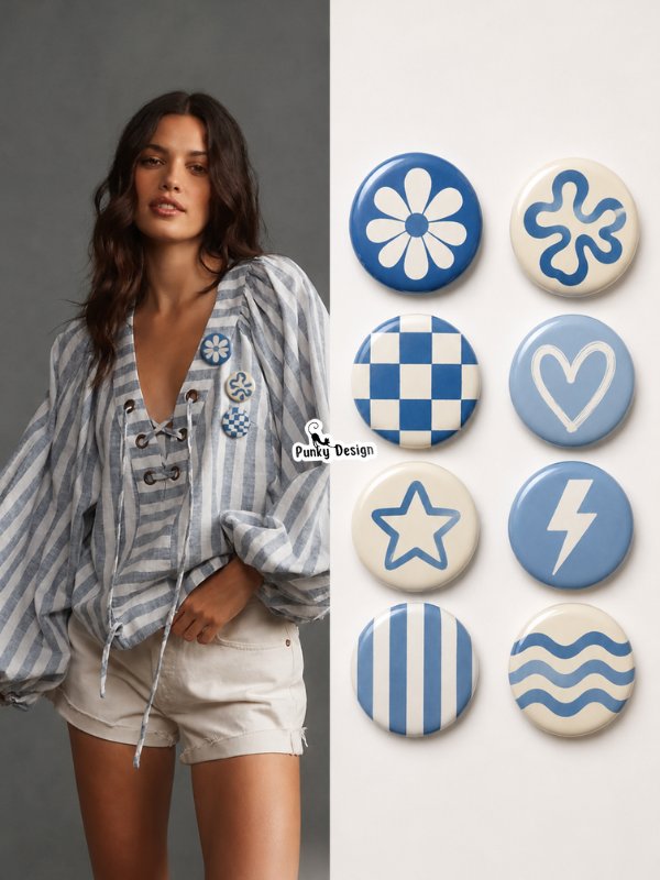 8 li Set-7 Mavi Beyaz Rozet Seti Çiçek Kalp Yıldız Dama Dalga Desenli Broş Pin