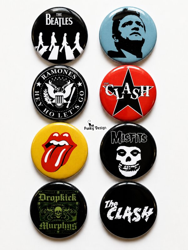 8 li Set-12 | Rock Müzik Temalı Rozet Seti Siyah Kırmızı Sarı Retro Punk Broş Pin