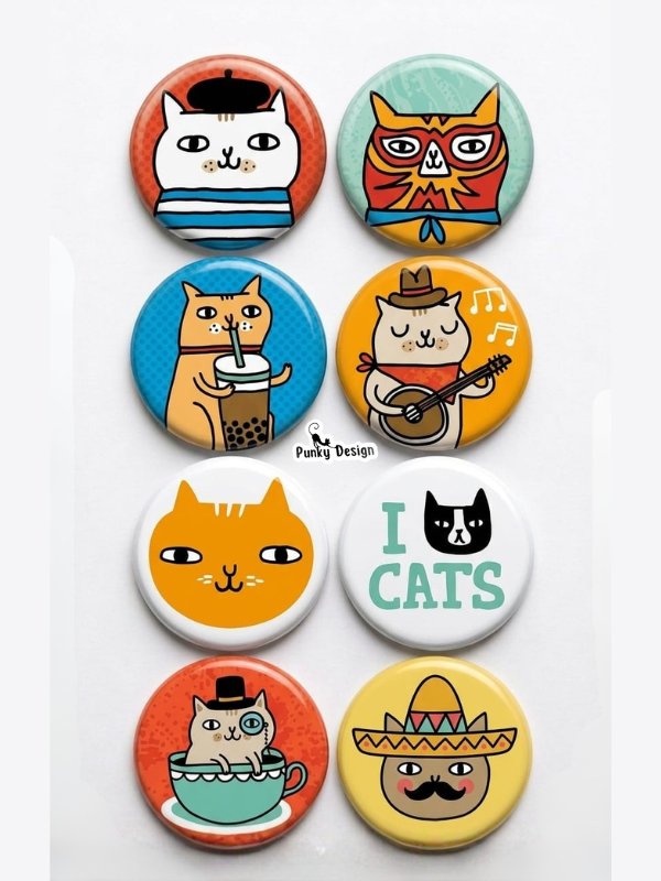 8'li Set-8 | Kedi Temalı Rozet Seti Sevimli Renkli Cat Desenli Kawaii Broş Pin