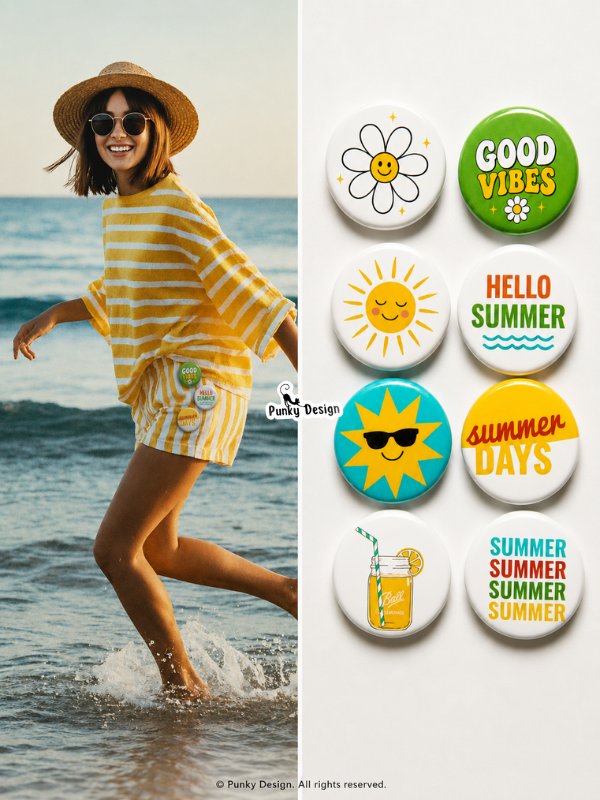 8'li Set-14 Yaz Temalı Rozet Seti Summer Good Vibes Güneş Çiçek Plaj Pin