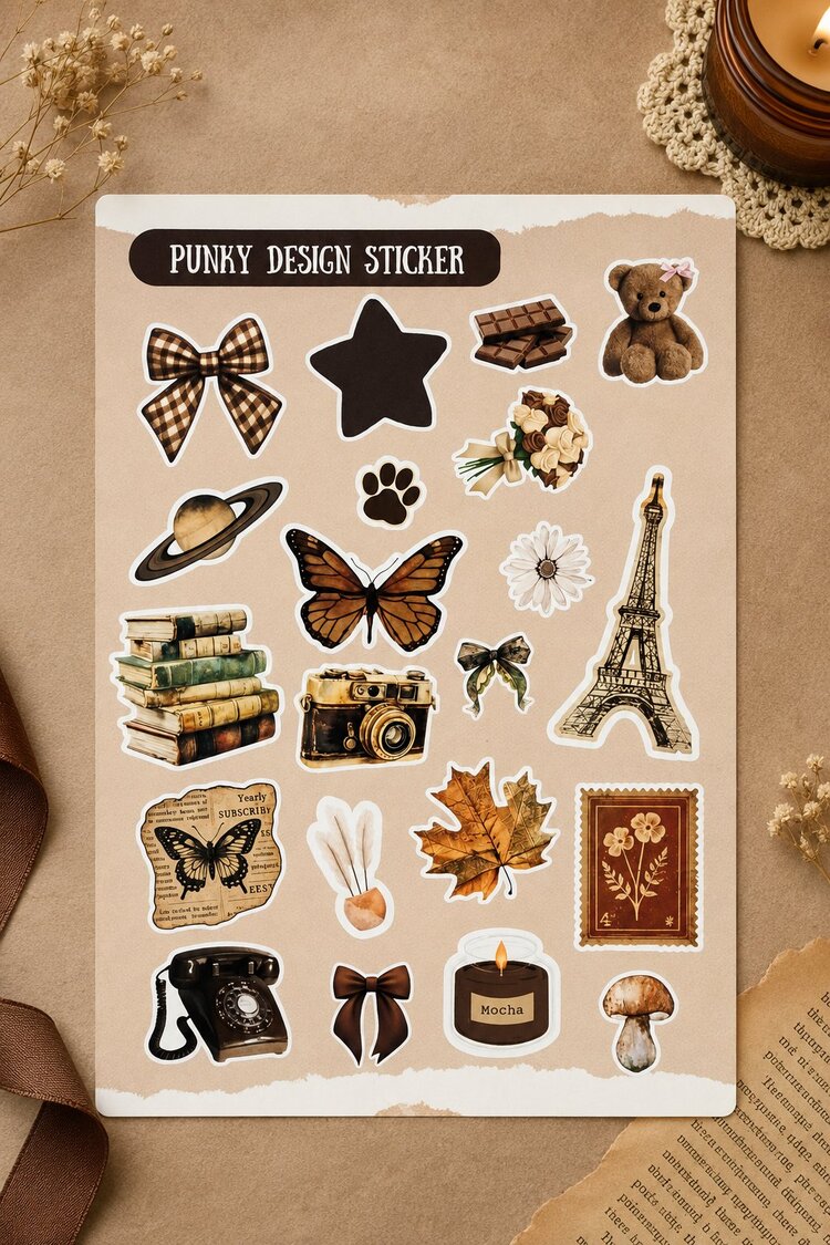 Kahverengi Sticker Seti Vintage Ayıcık Kitap Kahve Çiçek Estetik Etiket-4 sayfa-90 Adet-Kalın Kuşe K