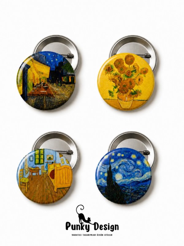Van Gogh Temalı Rozet Seti Yıldızlı Gece Ayçiçekleri Sanat Tasarım Vintage Broş Pin