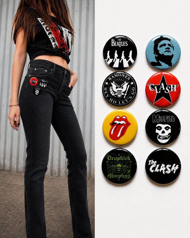 8 li Set-12 | Rock Müzik Temalı Rozet Seti Siyah Kırmızı Sarı Retro Punk Broş Pin
