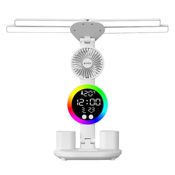 S-Link Sl-M9070 Glow Beyaz 2 Renk Dokunmatik Led Lamba Saat, Fan, Alarm, Derece Kalemlikli Masa Lamb