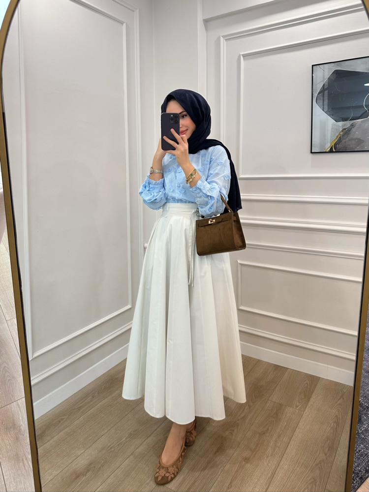 Çift Kemerli Volanlı Poplin Etek