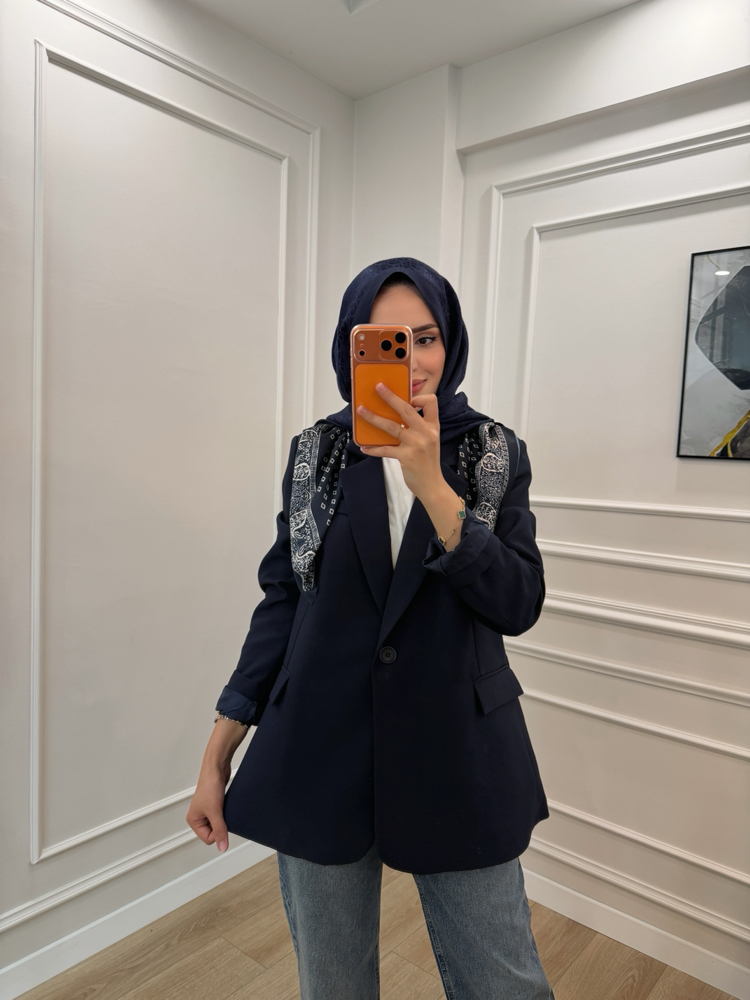 Fular Detaylı Tek Düğme Blazer Ceket (LACİVERT)