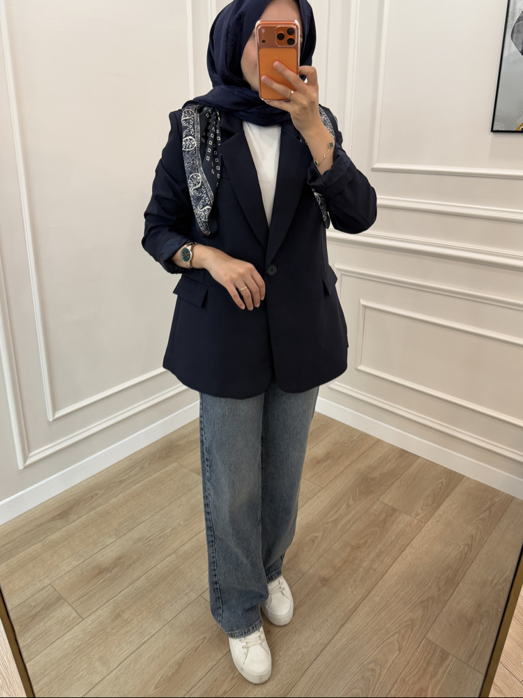 Fular Detaylı Tek Düğme Blazer Ceket (LACİVERT)