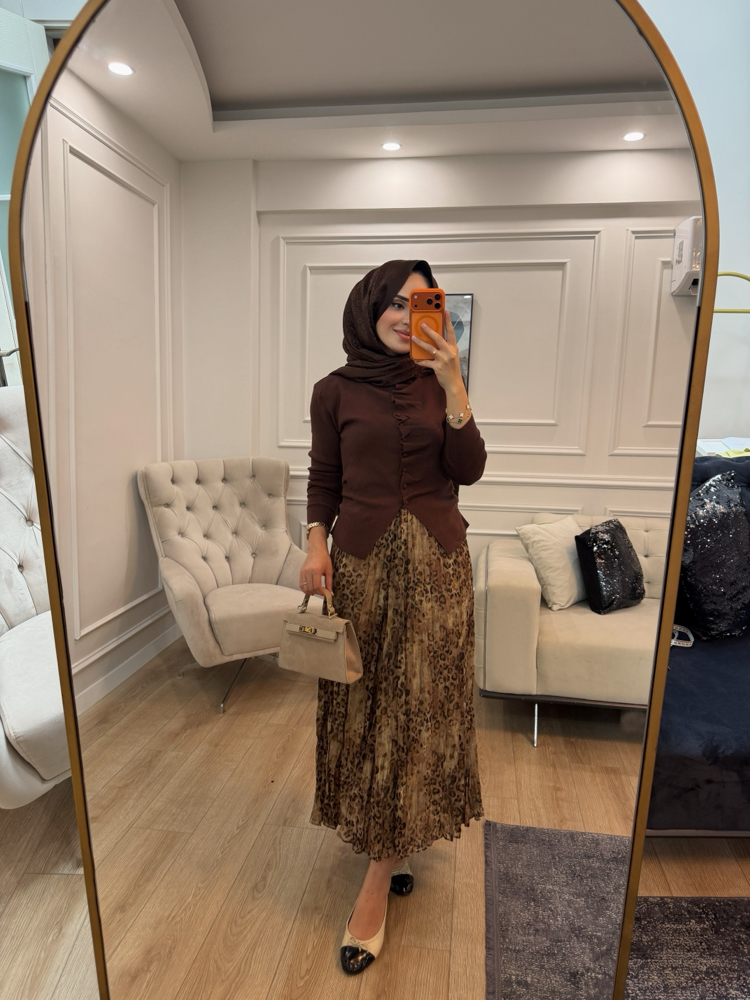 Premium Leopar Desenli Şifon Etek