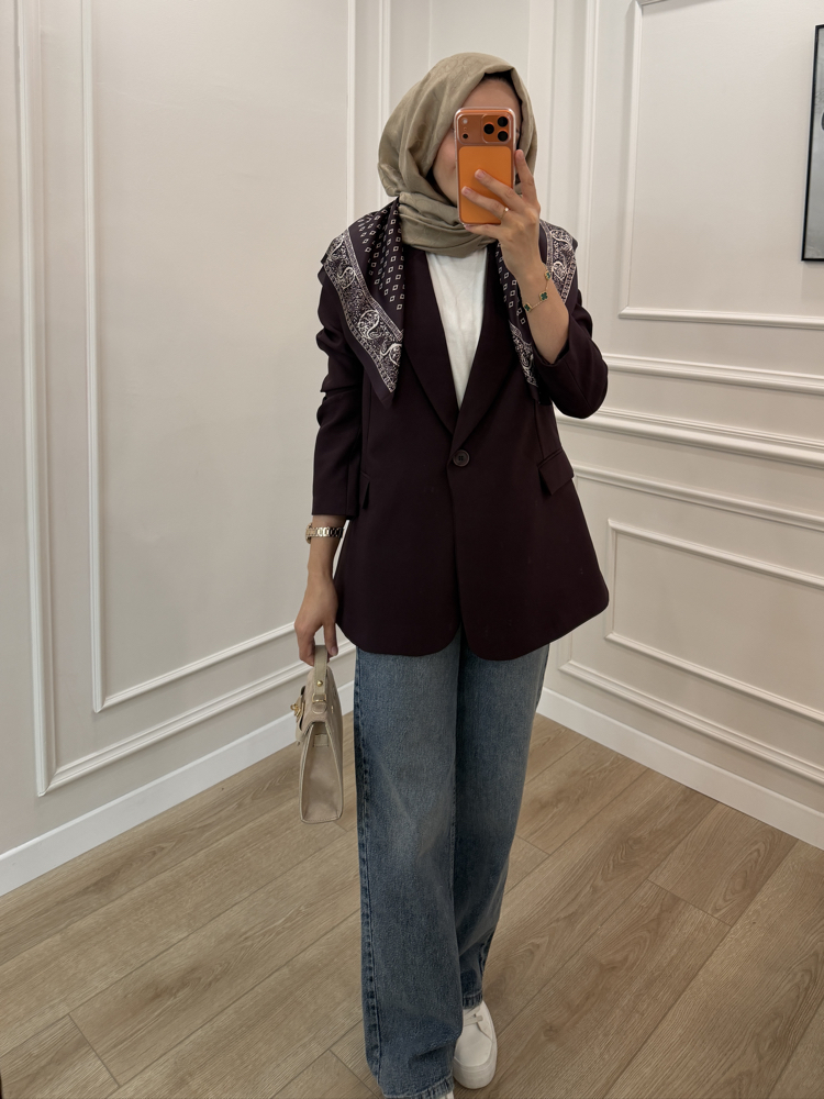 Fular Detaylı Tek Düğme Blazer Ceket (MÜRDÜM)