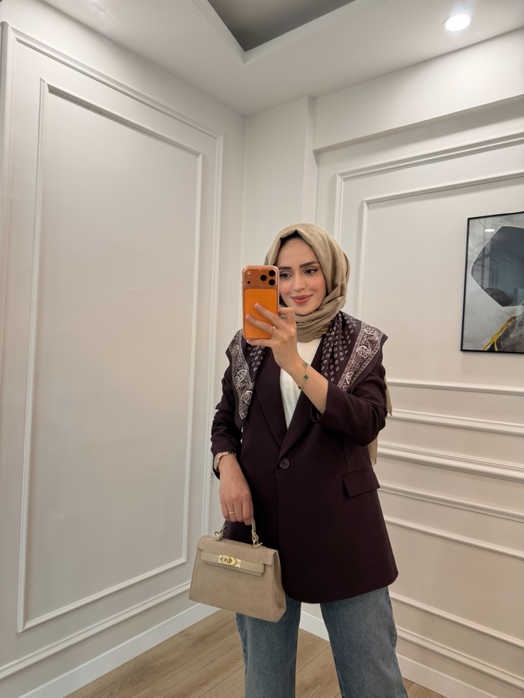 Fular Detaylı Tek Düğme Blazer Ceket (MÜRDÜM)