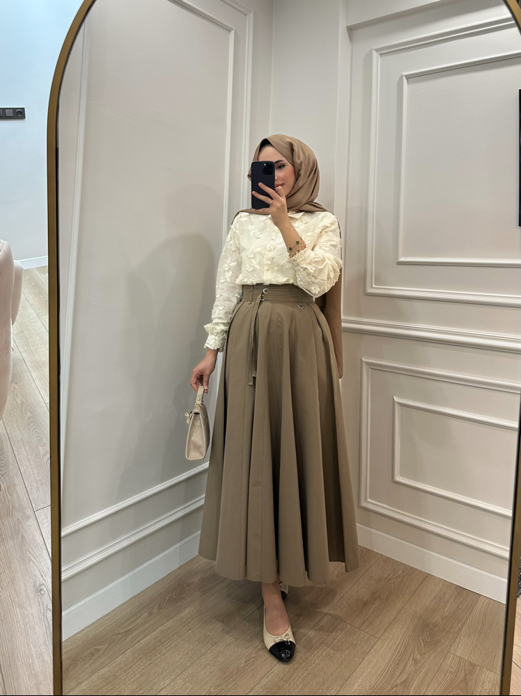 Çift Kemerli Volanlı Poplin Etek 