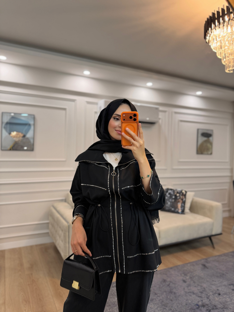(ÖN SİPARİŞ) TASARIM TAŞLI TENSEL TAKIM (SİYAH)