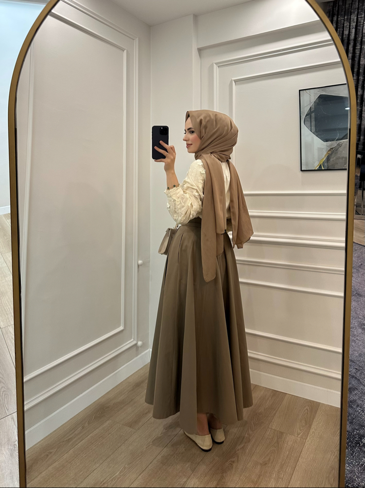 Çift Kemerli Volanlı Poplin Etek 