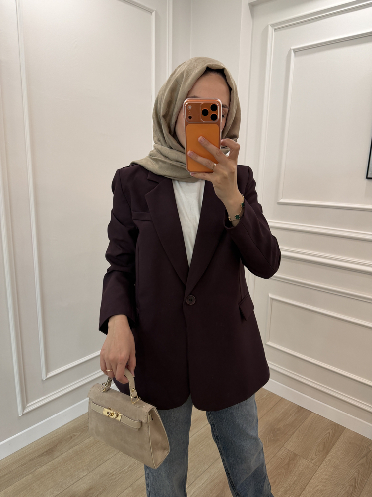 Fular Detaylı Tek Düğme Blazer Ceket (MÜRDÜM)
