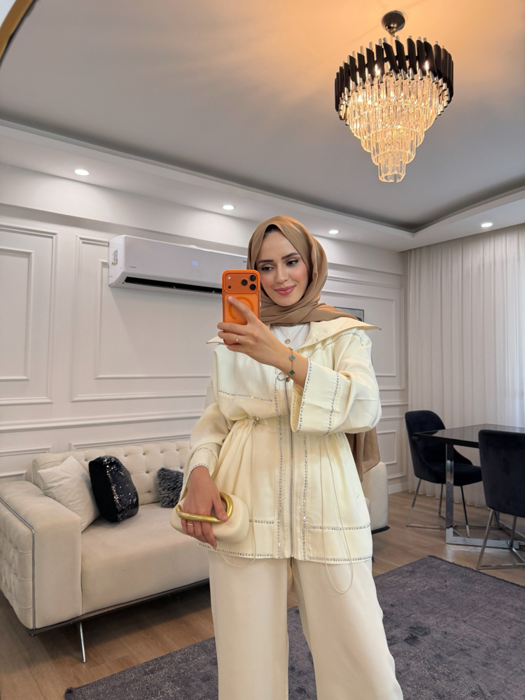 (ÖN SİPARİŞ) TASARIM TAŞLI TENSEL TAKIM (EKRU)