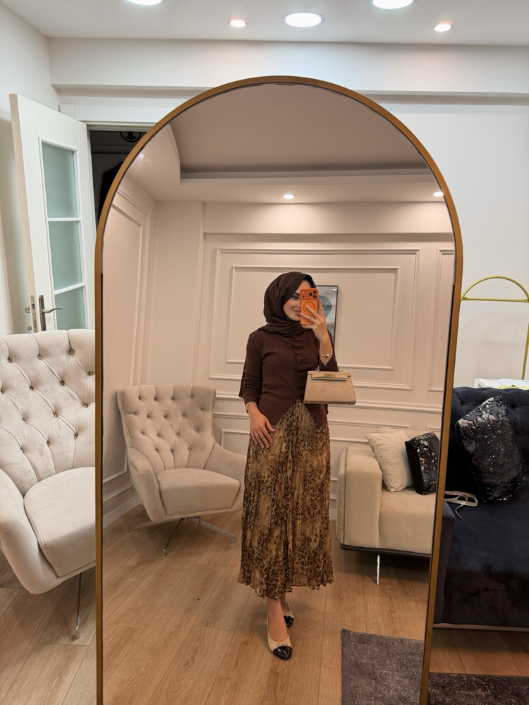 Premium Leopar Desenli Şifon Etek