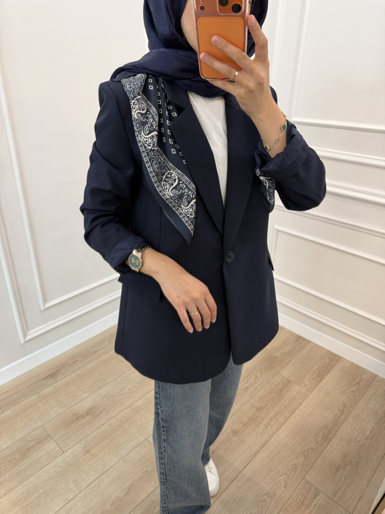 Fular Detaylı Tek Düğme Blazer Ceket (LACİVERT)