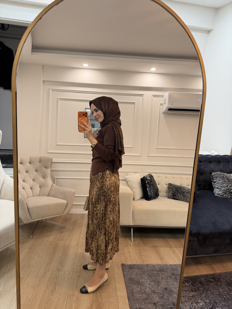 Premium Leopar Desenli Şifon Etek