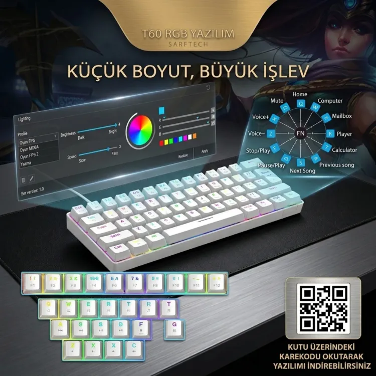Sarftech T60 Blue Switch Mekanik 60% RGB Klavye