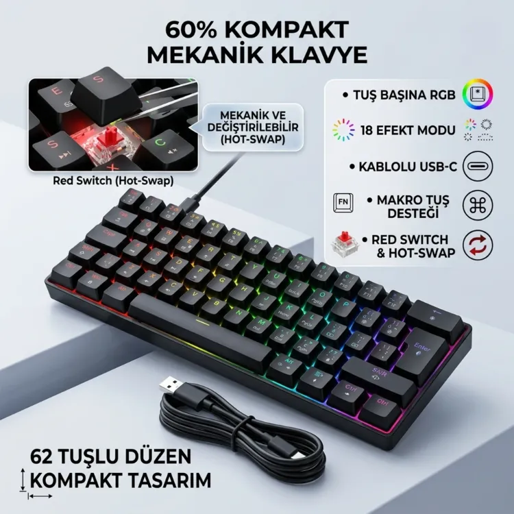 Sarftech T60 Hot-Swap Mekanik Klavye - 60% Kompakt, Red Switch