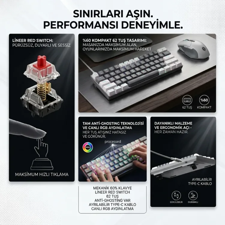 Sarftech T60W+WB Mekanik RGB Klavye