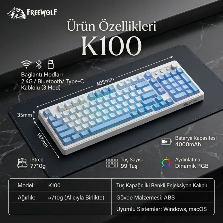 Freewolf K100 Tam Boy Mekanik Klavye