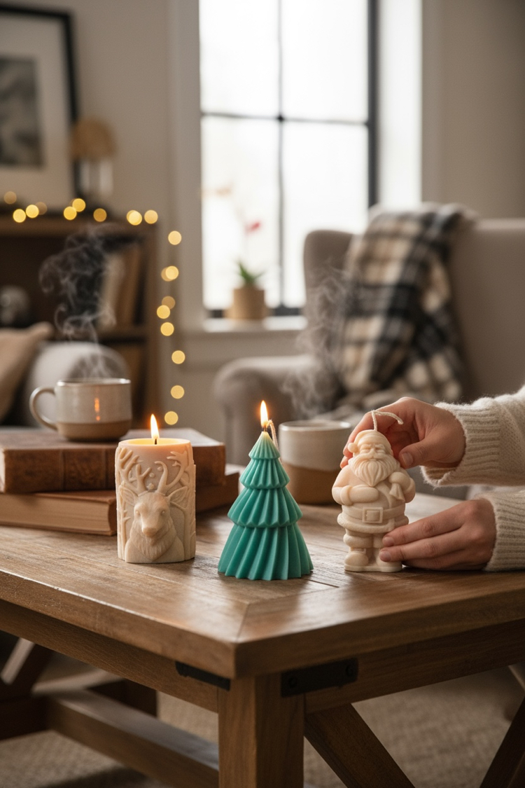 Noel baba küçük çam ağacı ve geyik mum