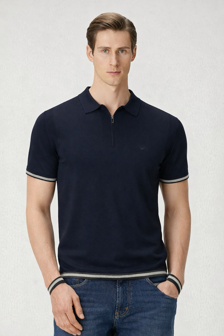 Lacivert Merserize Örme Triko Polo Yaka T-Shirt