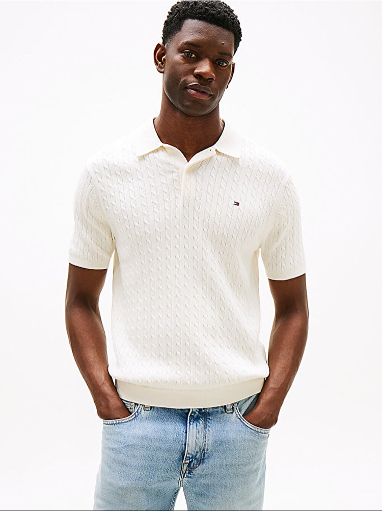 Beyaz Merserize Örme Triko Polo Yaka T-Shirt