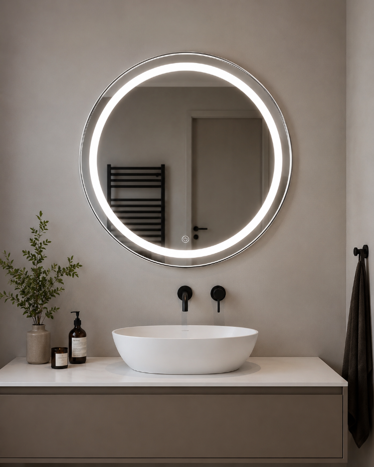 Gümüş PVC Çerçeveli Modern LED Dokunmatik Ayna