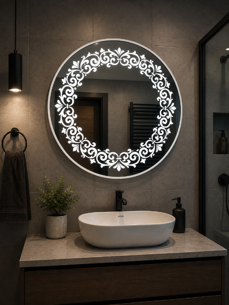 Beyaz PVC Çerçeveli Kumlama Desenli Premium LED Dokunmatik Ayna