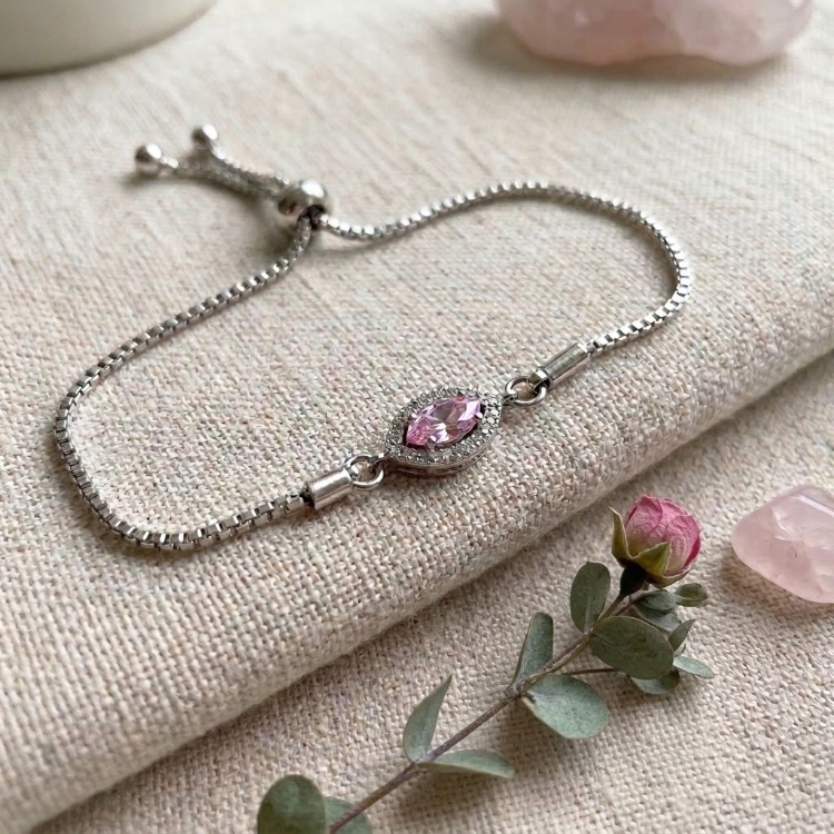 Pembe Zirkon Taşlı Ayarlanabilir Bileklik