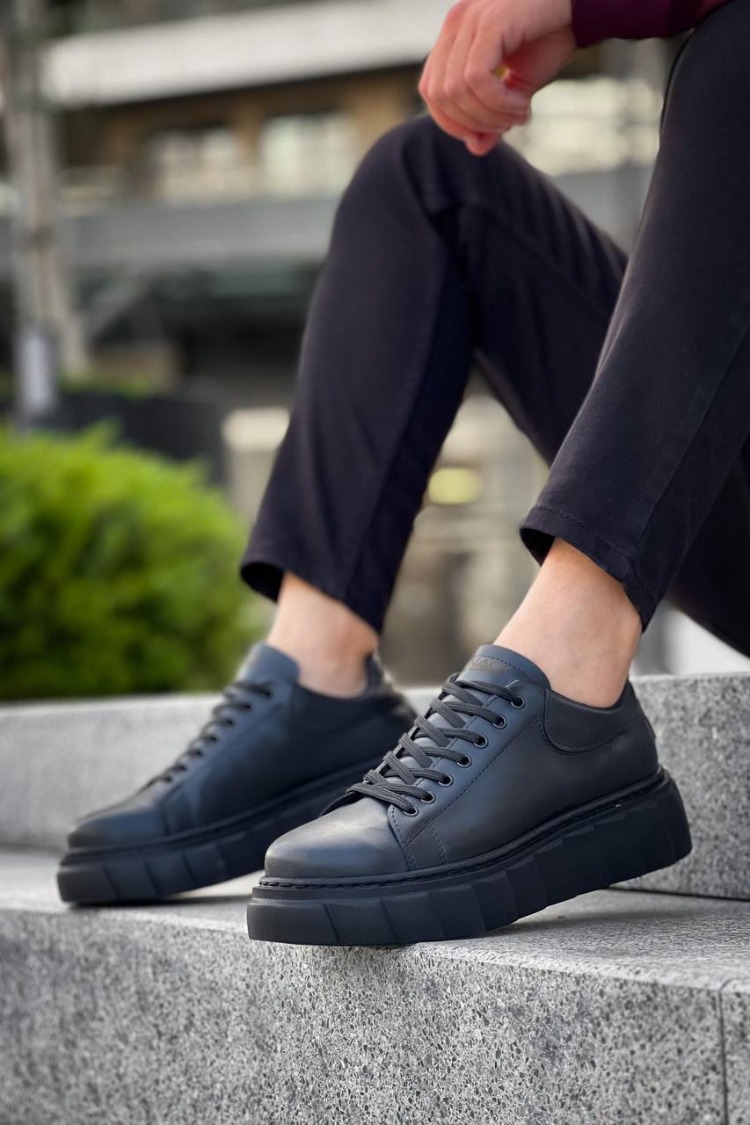 RLX099 Erkek Bağcıklı Yüksek Taban Cilt Sneaker Ayakkabı ST Siyah Cilt