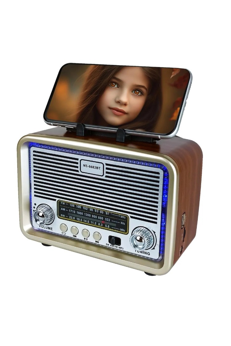 Nostaljik Radyo Retro Bluetooth TWS Hoparlör Led Çerçeveli Telefon Tutuculu FM Radyo USB/TF Card