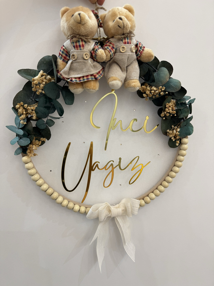 Kişiye Özel İsimli Ayıcıklı İkiz Bebek kapı süsü