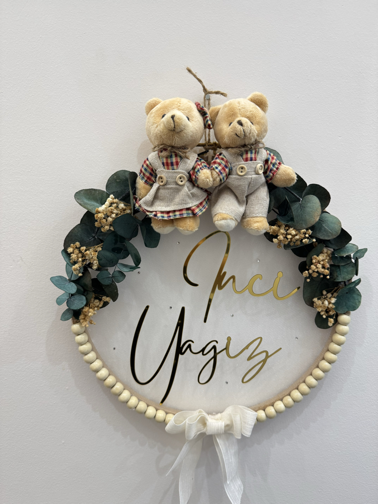 Kişiye Özel İsimli Ayıcıklı İkiz Bebek kapı süsü