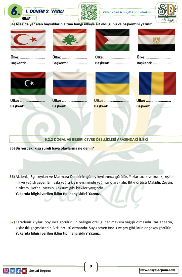6.Sınıf 1.Dönem 2. Yazılı Sınavları 100 Garantili(Sosyal-Fen-Türkçe-Matematik)