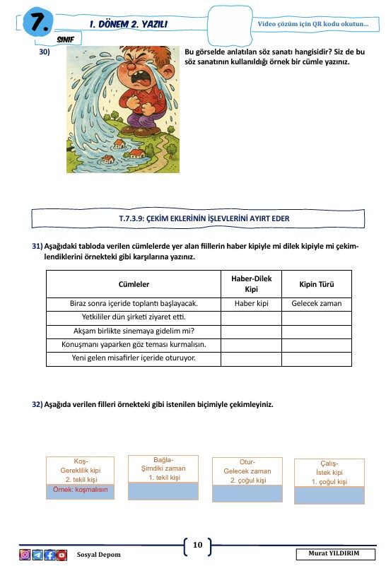 7.Sınıf 1.Dönem 2. Yazılı Sınavları 100 Garantili(Sosyal-Fen-Türkçe-Matematik)