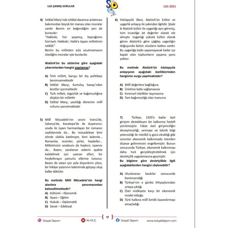 8.Sınıf T.C. İnkılap Tarihi ve Atatürkçülük LGS Çıkmış ve Örnek Sorular