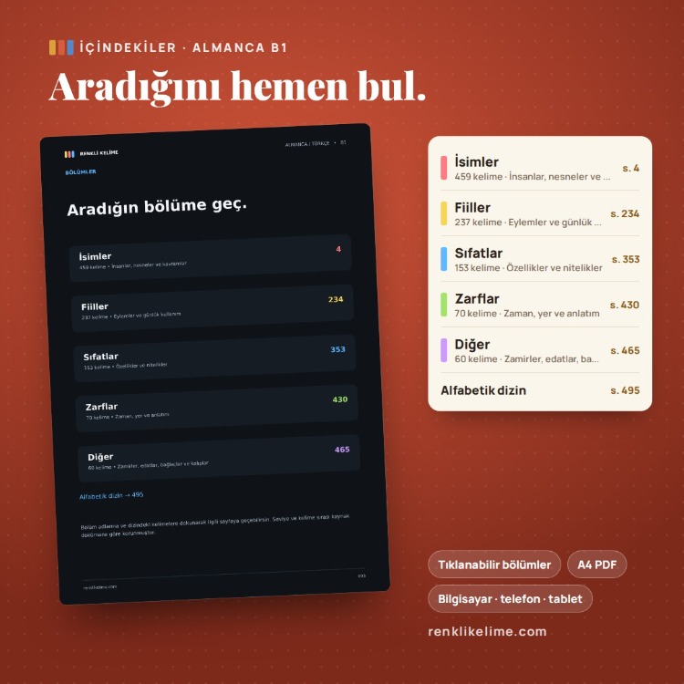 Almanca B1–B2 Renkli Kelime PDF Seti | 1.919 Kelime