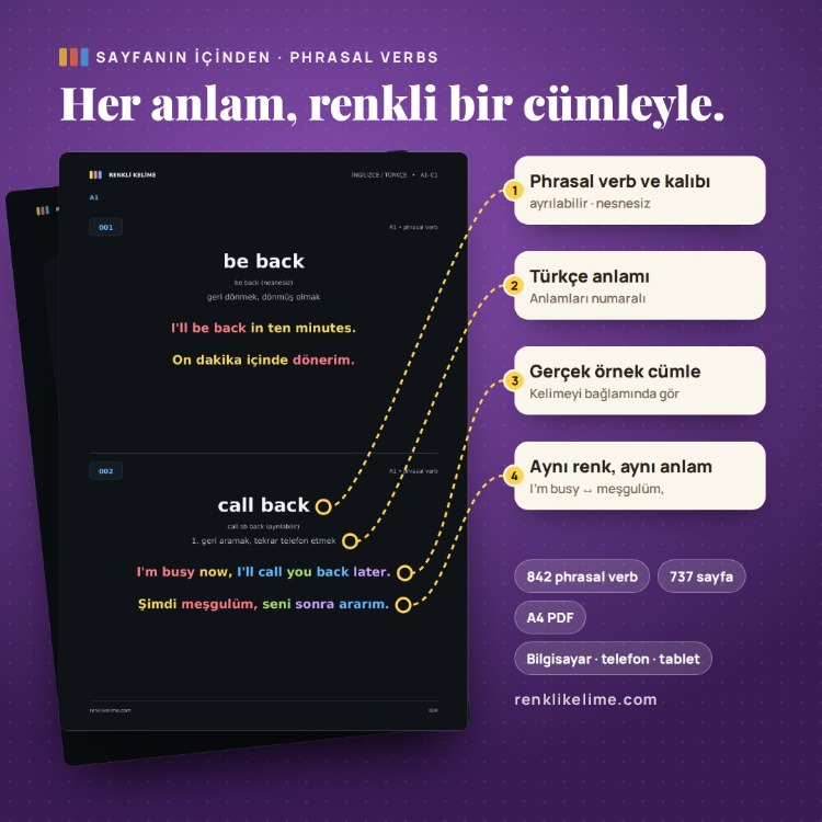 Phrasal Verbs Renkli PDF Seti | A1–C1 | 842 Phrasal Verb