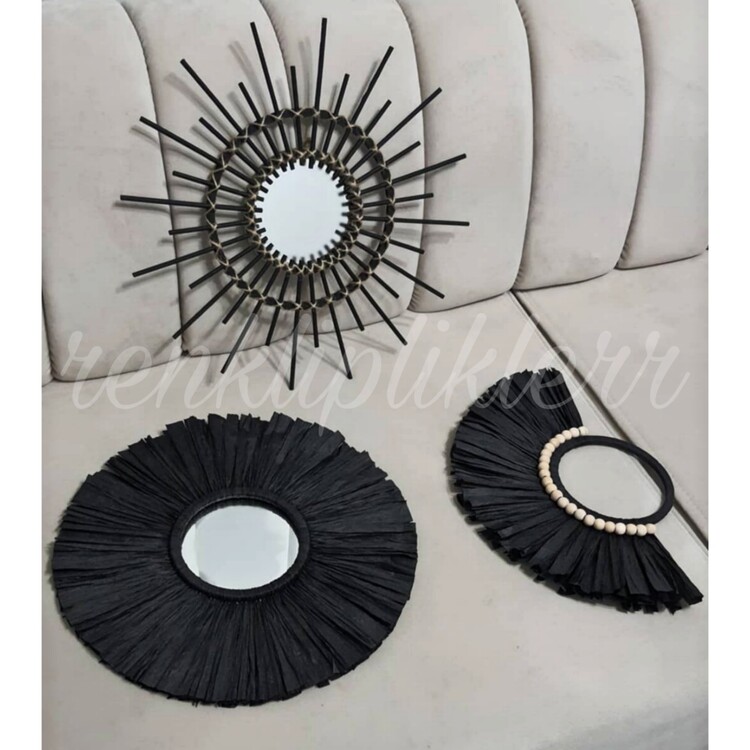 3lü Siyah Rafya&Bambu Ayna Set