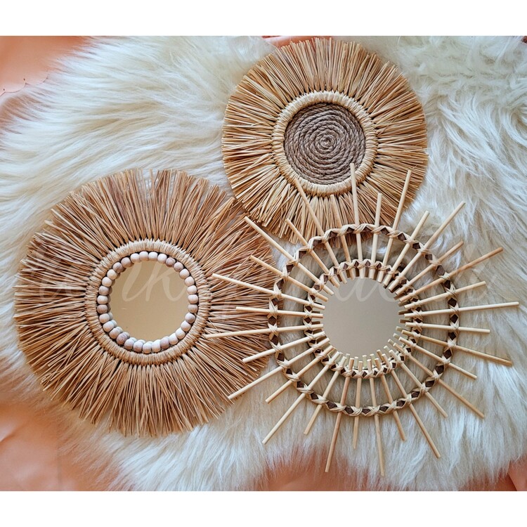 3lü rafya ayna&Bambu ayna set